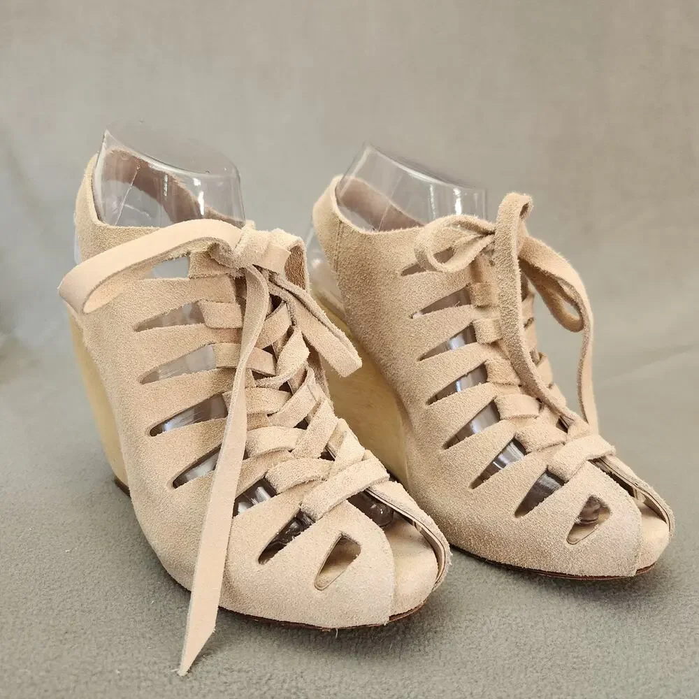 LOEFFLER RANDALL Vivian Lace Up Wedge Sandal  Size 7.5B Natural Tan‎ Slingback - Picture 4 of 15